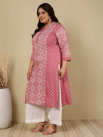 Cotton Calf Length Printed Straight 3/4 Sleeves Mandarin Kurta