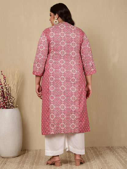 Cotton Calf Length Printed Straight 3/4 Sleeves Mandarin Kurta