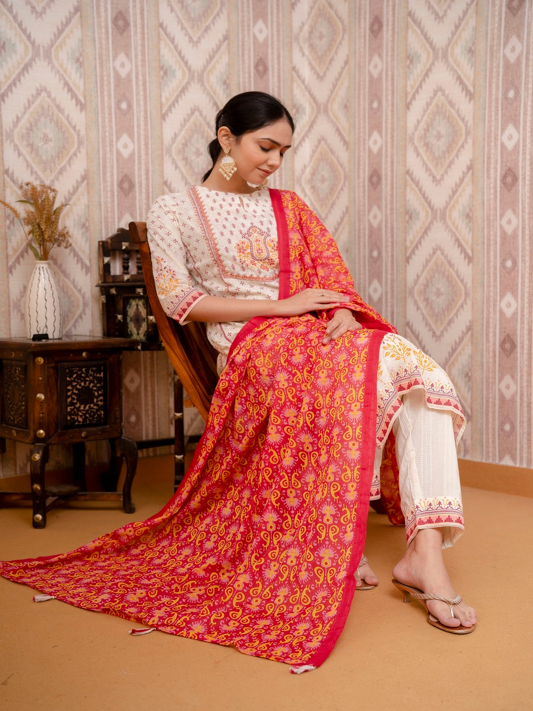 Beige Embroidered Printed Cotton Straight Kurta Set with Dupatta