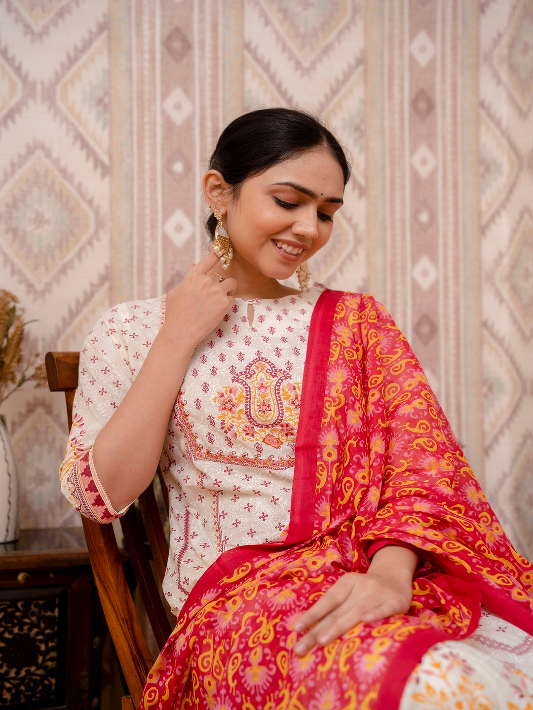 Beige Embroidered Printed Cotton Straight Kurta Set with Dupatta