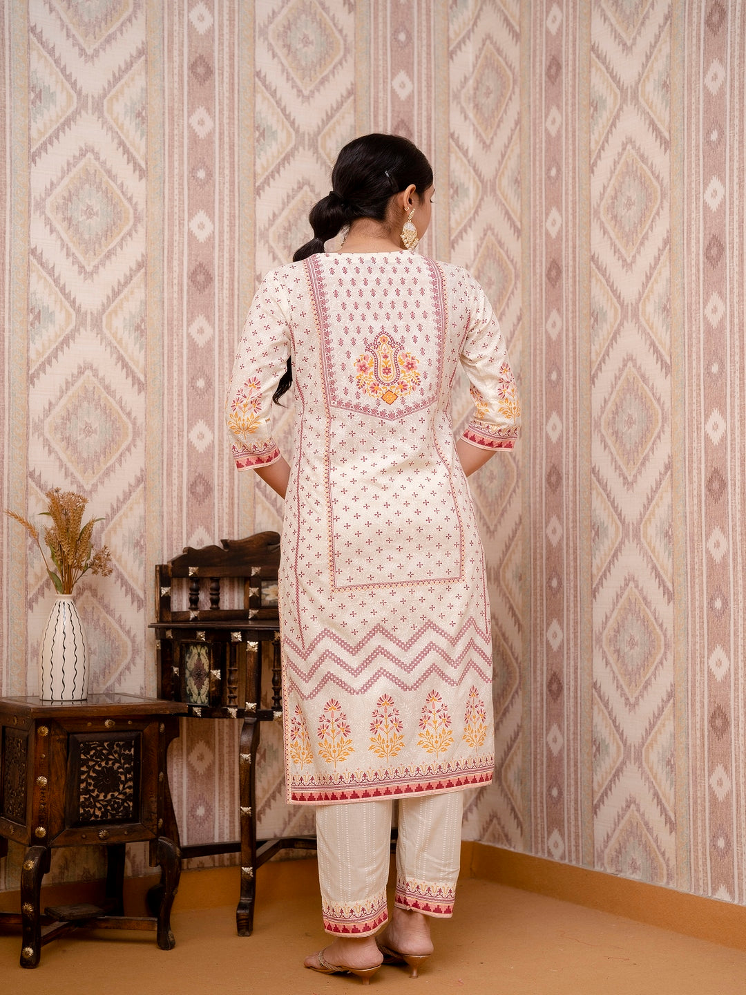 Beige Embroidered Printed Cotton Straight Kurta Set with Dupatta