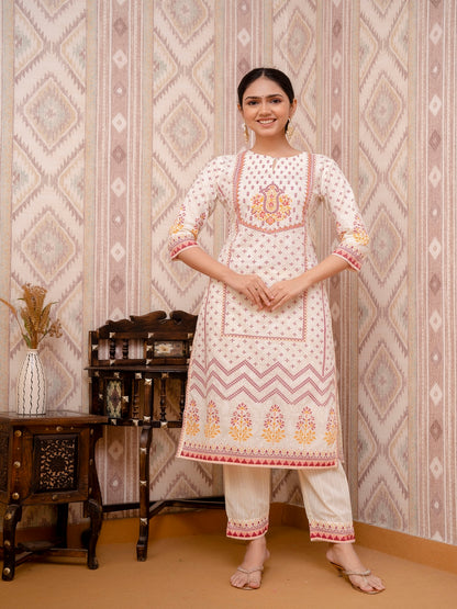 Beige Embroidered Printed Cotton Straight Kurta Set with Dupatta