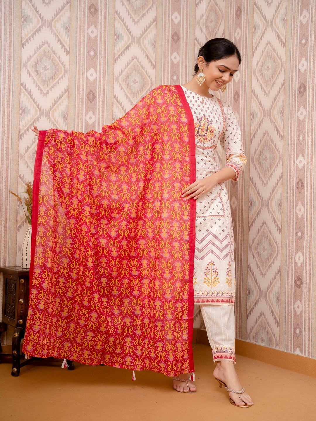 Beige Embroidered Printed Cotton Straight Kurta Set with Dupatta