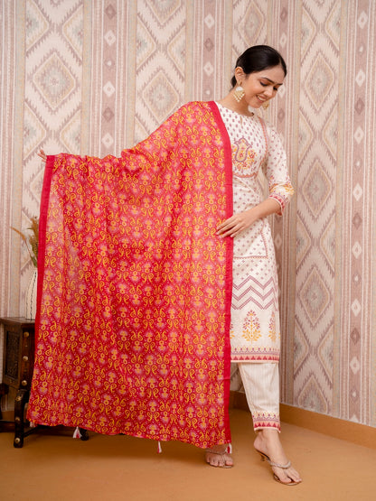 Beige Embroidered Printed Cotton Straight Kurta Set with Dupatta