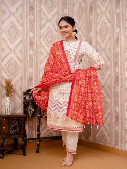 Beige Embroidered Printed Cotton Straight Kurta Set with Dupatta