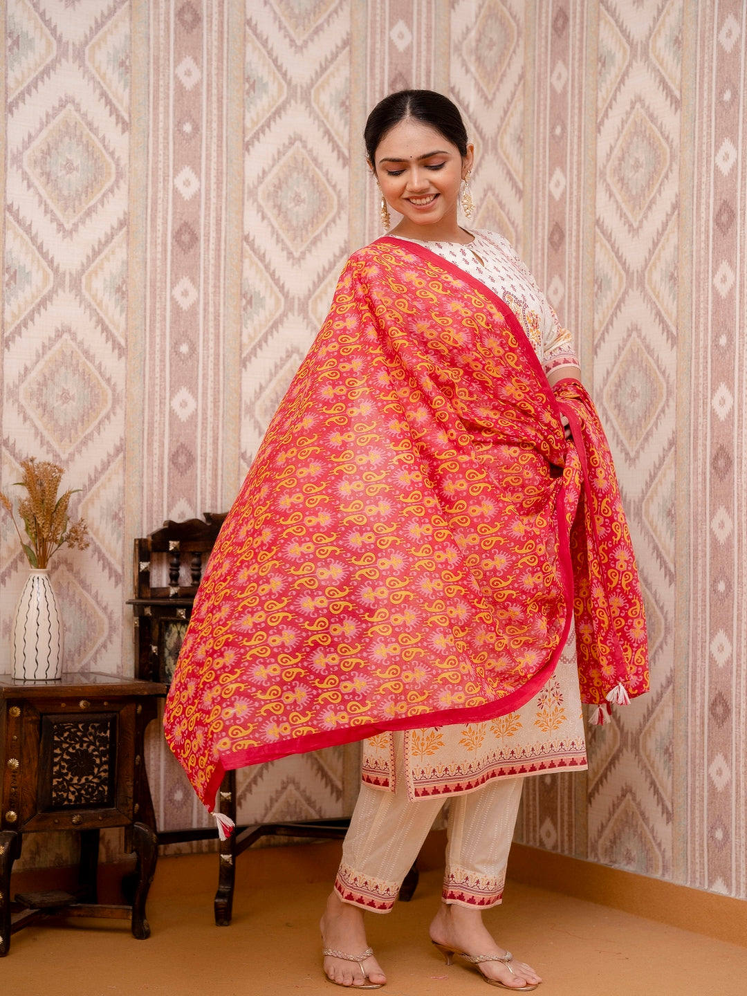 Beige Embroidered Printed Cotton Straight Kurta Set with Dupatta