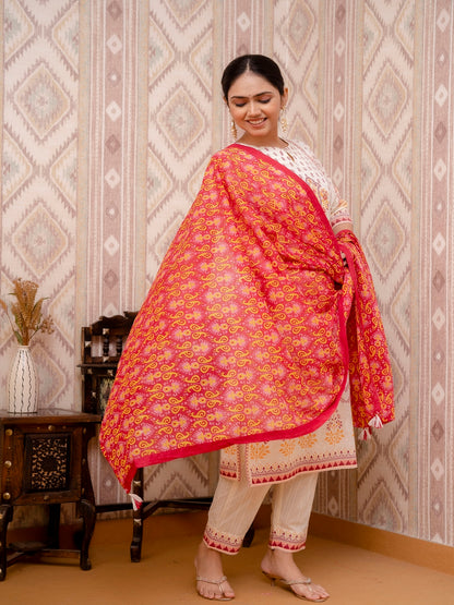 Beige Embroidered Printed Cotton Straight Kurta Set with Dupatta
