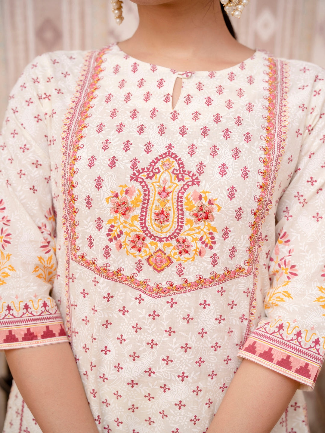 Beige Embroidered Printed Cotton Straight Kurta Set with Dupatta