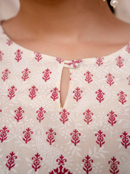 Beige Embroidered Printed Cotton Straight Kurta Set with Dupatta