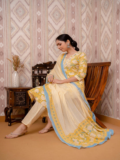 Yellow Embroidered Printed Cotton Straight Kurta Set with Dupatta