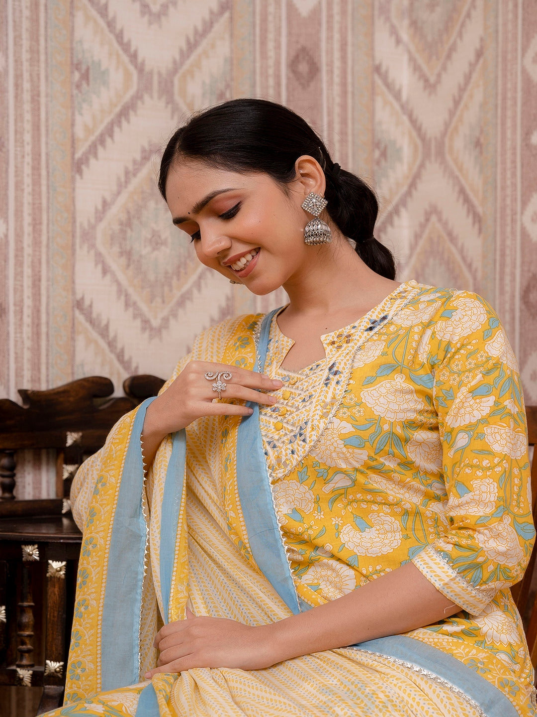 Yellow Embroidered Printed Cotton Straight Kurta Set with Dupatta