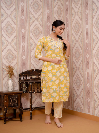 Yellow Embroidered Printed Cotton Straight Kurta Set with Dupatta