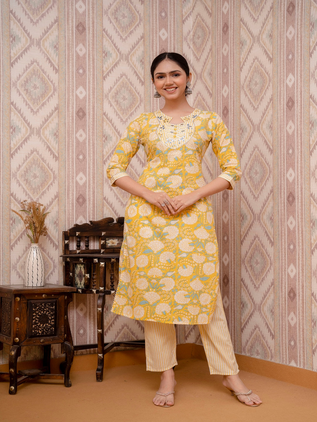 Yellow Embroidered Printed Cotton Straight Kurta Set with Dupatta