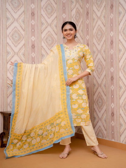 Yellow Embroidered Printed Cotton Straight Kurta Set with Dupatta