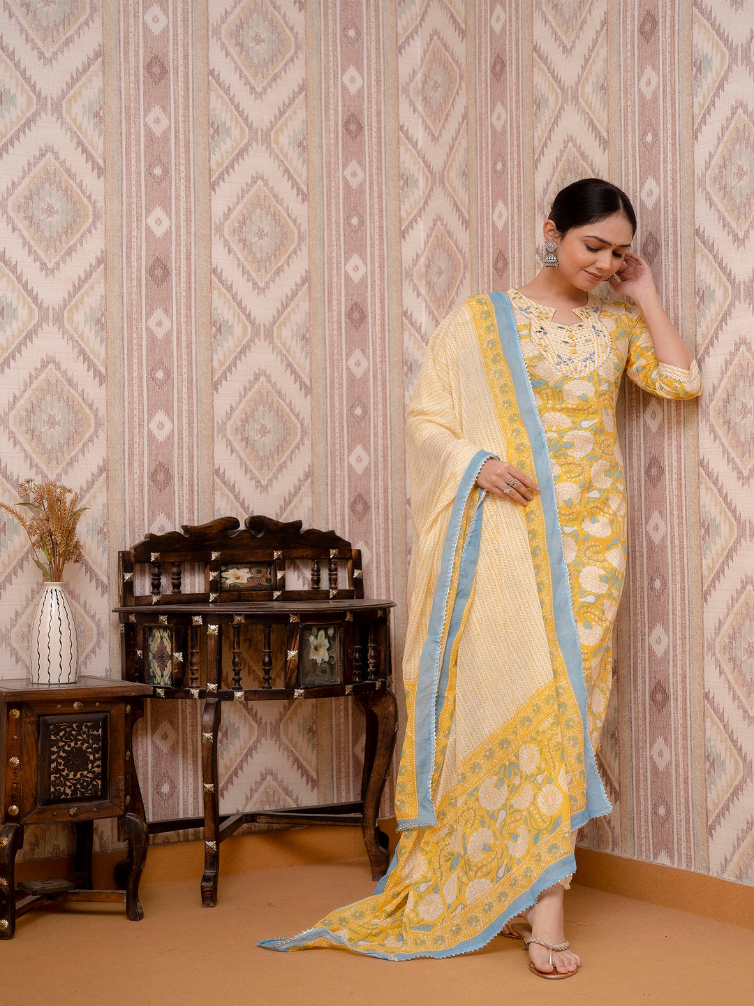 Yellow Embroidered Printed Cotton Straight Kurta Set with Dupatta