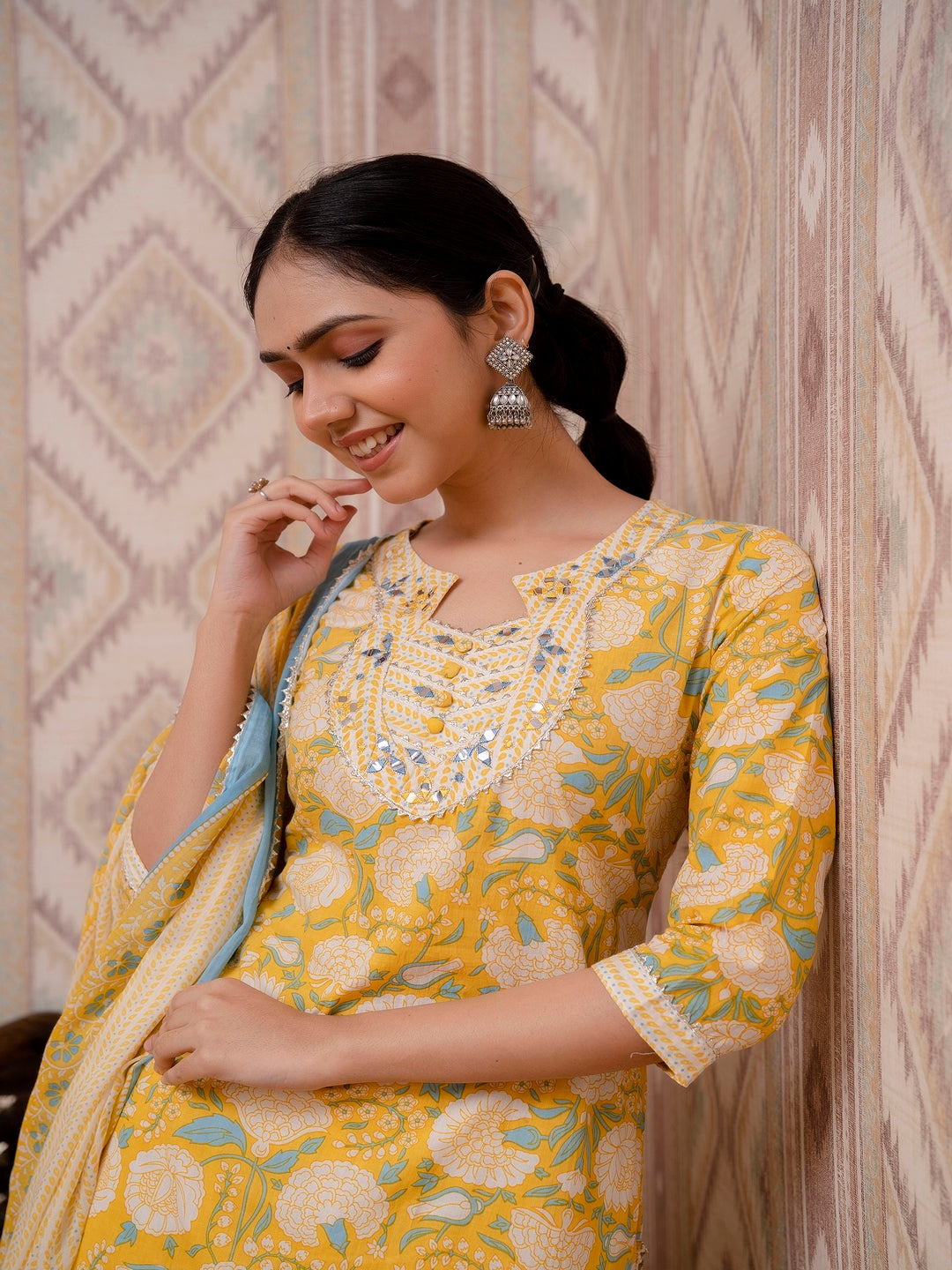 Yellow Embroidered Printed Cotton Straight Kurta Set with Dupatta