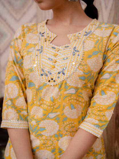 Yellow Embroidered Printed Cotton Straight Kurta Set with Dupatta