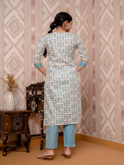 Blue Embroidered Printed Cotton Straight Kurta Set with Dupatta