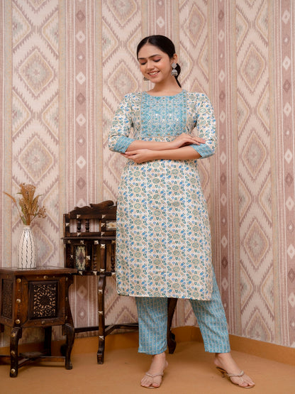 Blue Embroidered Printed Cotton Straight Kurta Set with Dupatta