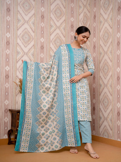 Blue Embroidered Printed Cotton Straight Kurta Set with Dupatta