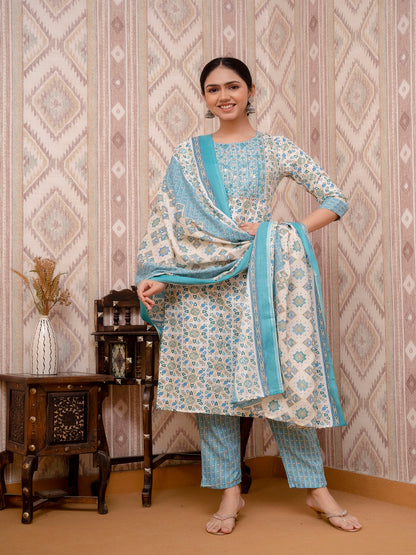 Blue Embroidered Printed Cotton Straight Kurta Set with Dupatta