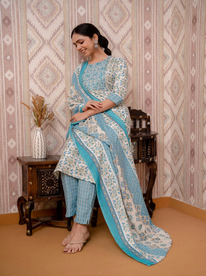 Blue Embroidered Printed Cotton Straight Kurta Set with Dupatta