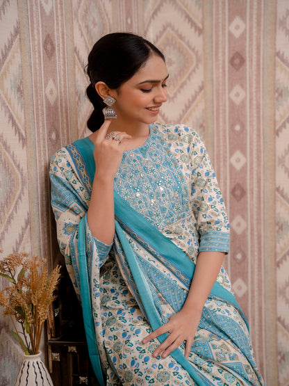 Blue Embroidered Printed Cotton Straight Kurta Set with Dupatta