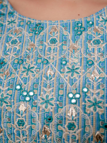 Blue Embroidered Printed Cotton Straight Kurta Set with Dupatta