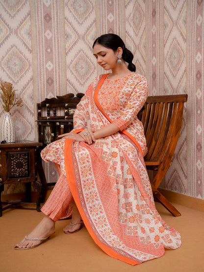 Orange Embroidered Printed Cotton Straight Kurta Set with Dupatta