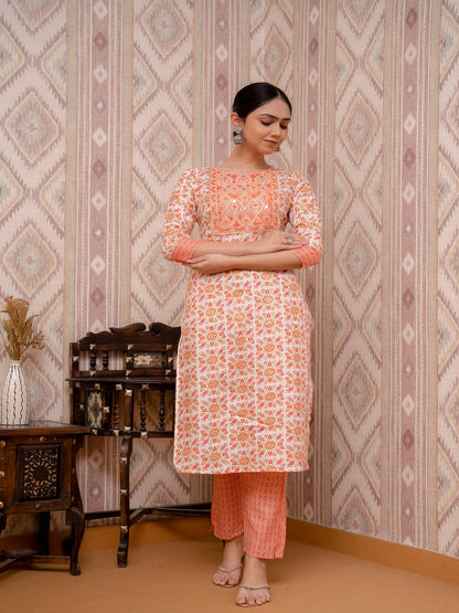 Orange Embroidered Printed Cotton Straight Kurta Set with Dupatta