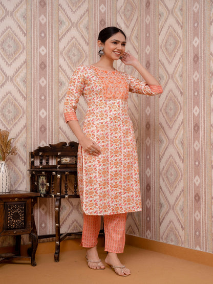 Orange Embroidered Printed Cotton Straight Kurta Set with Dupatta