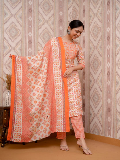 Orange Embroidered Printed Cotton Straight Kurta Set with Dupatta