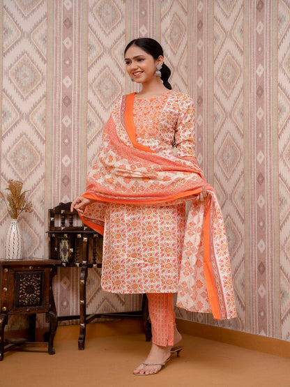 Orange Embroidered Printed Cotton Straight Kurta Set with Dupatta