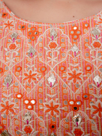 Orange Embroidered Printed Cotton Straight Kurta Set with Dupatta