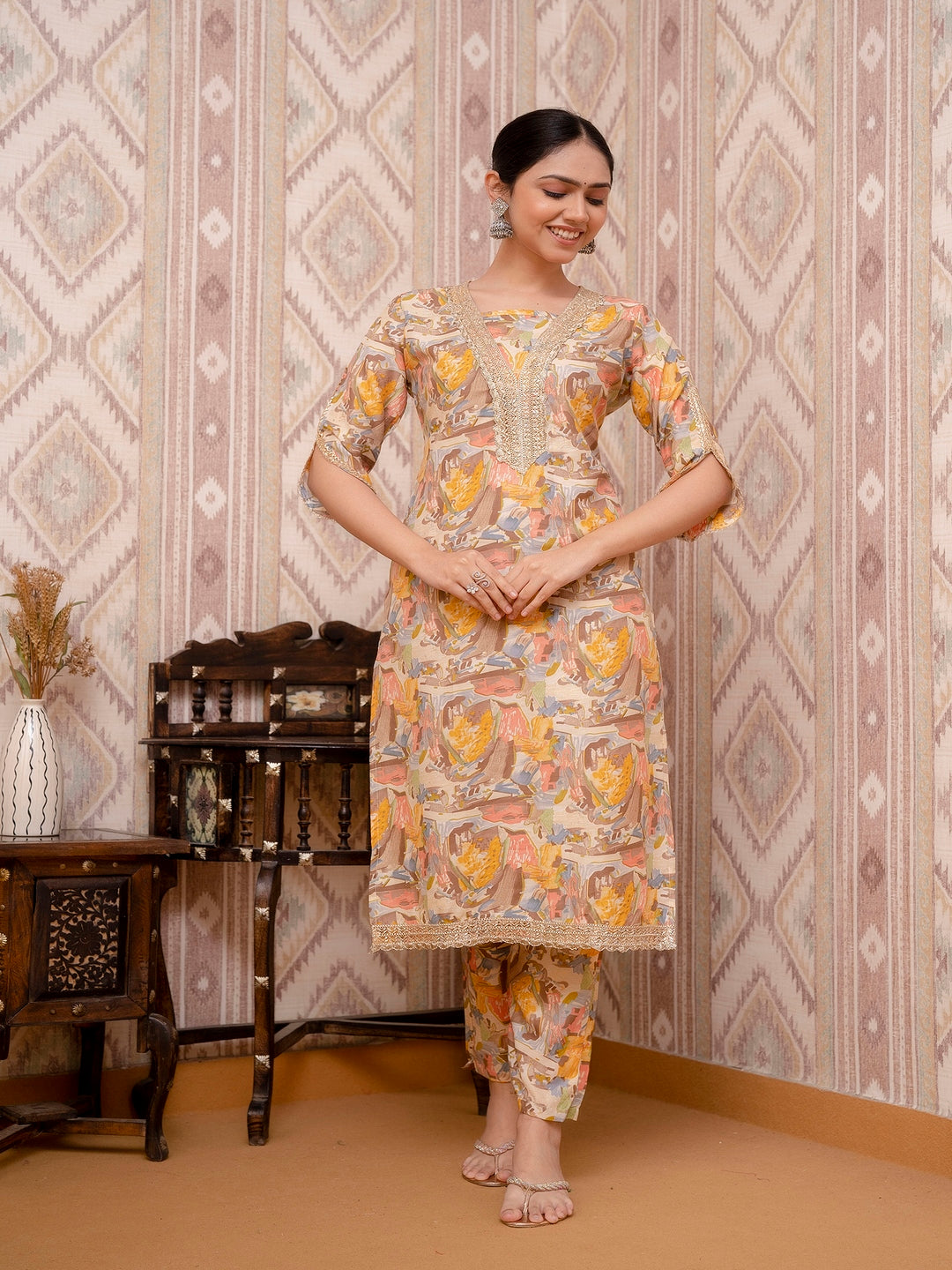 Yellow Printed Cotton Straight Kurta Set With Dupatta