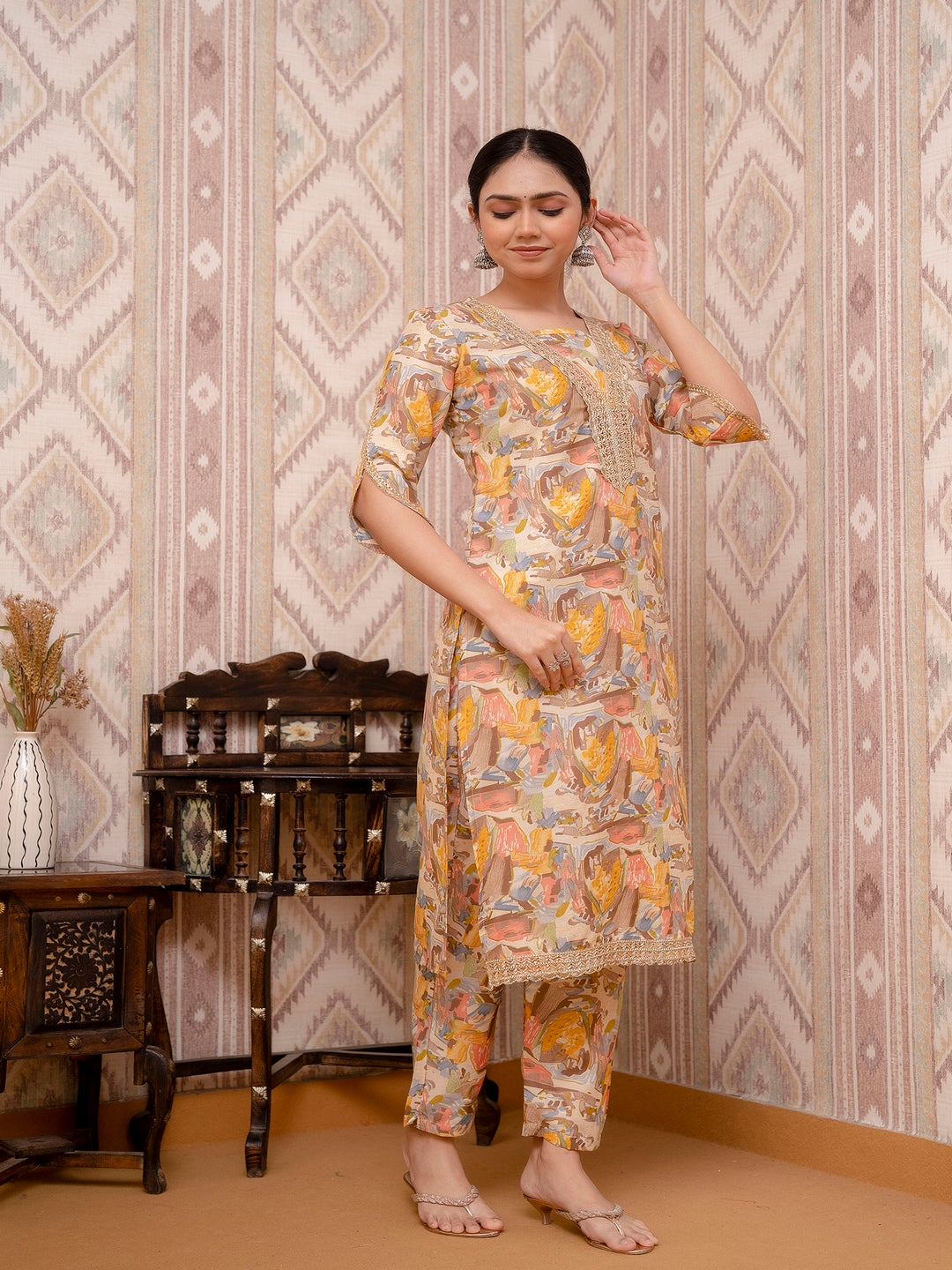 Yellow Printed Cotton Straight Kurta Set With Dupatta