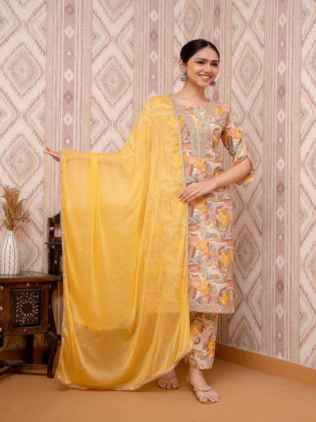 Yellow Printed Cotton Straight Kurta Set With Dupatta