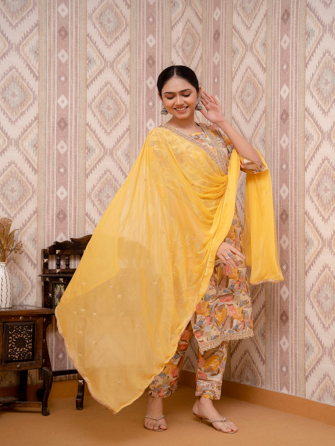 Yellow Printed Cotton Straight Kurta Set With Dupatta