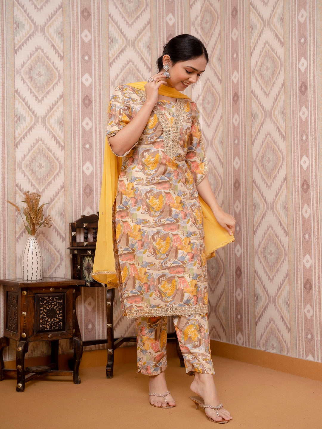 Yellow Printed Cotton Straight Kurta Set With Dupatta