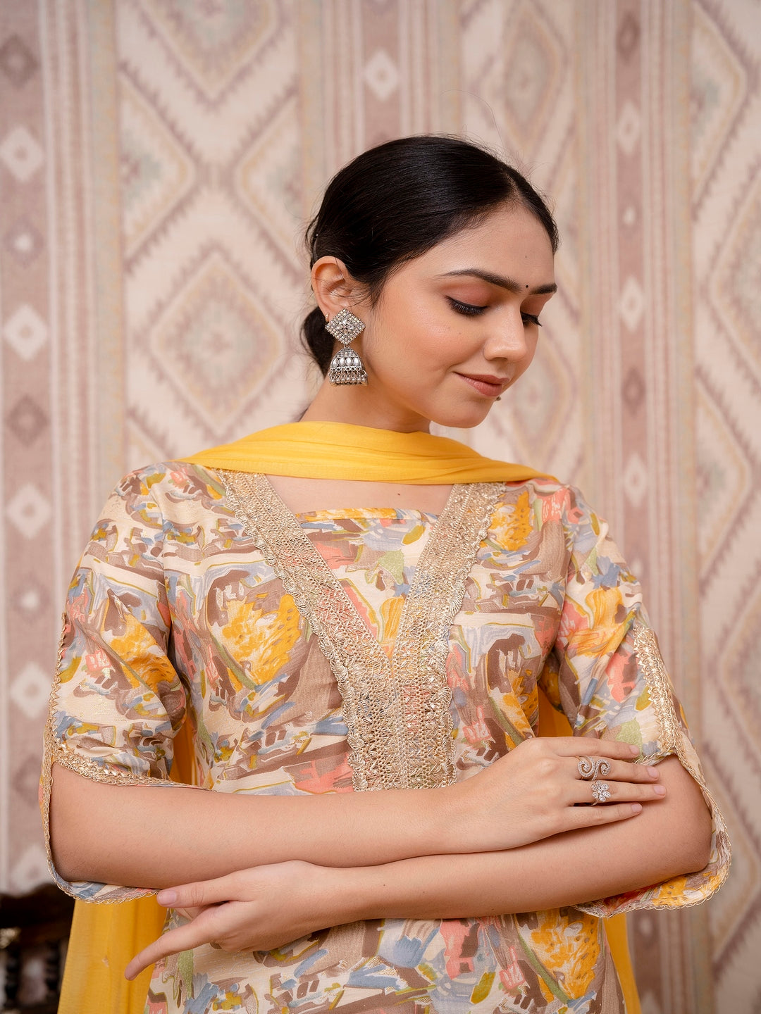 Yellow Printed Cotton Straight Kurta Set With Dupatta