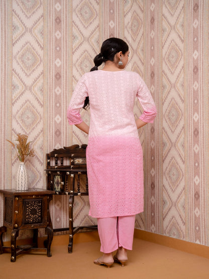 Pink Schiffli Printed Cotton Kurta Straight Set With Dupatta