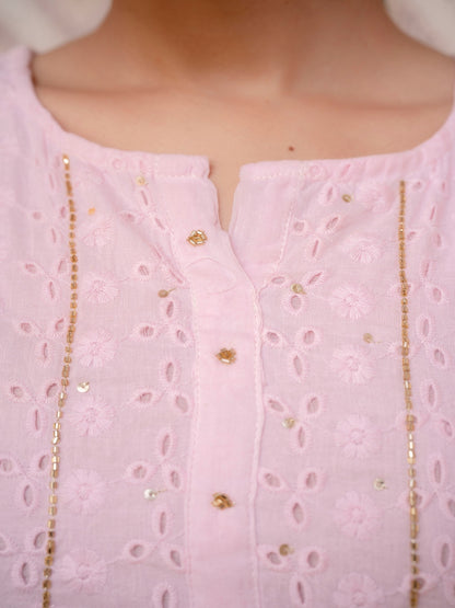 Pink Schiffli Printed Cotton Kurta Straight Set With Dupatta