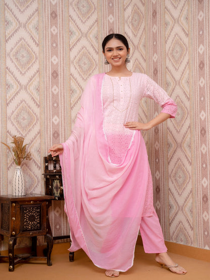 Pink Schiffli Printed Cotton Kurta Straight Set With Dupatta