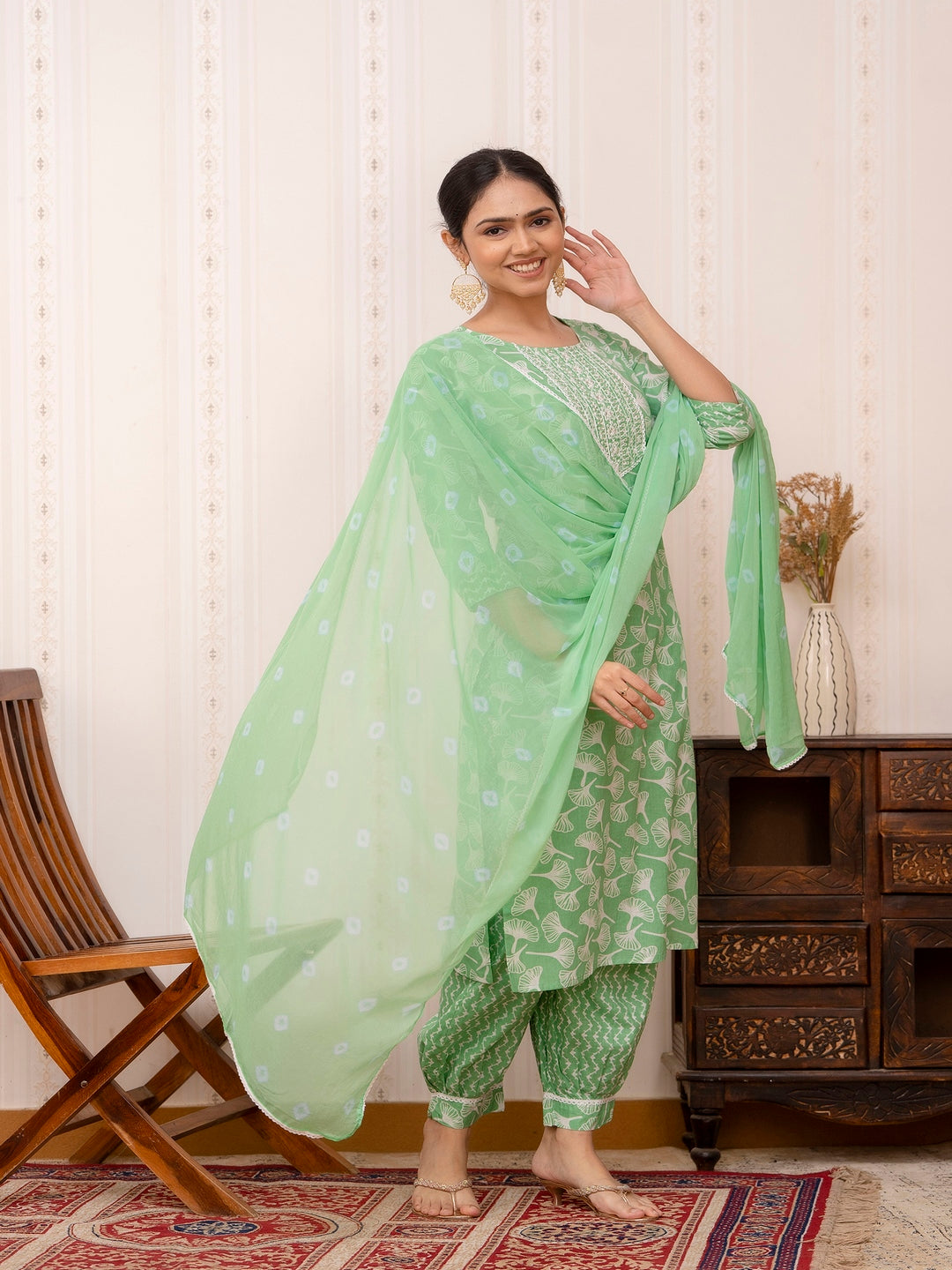 Green Embroidered Printed Cotton Straight Kurta Set with Dupatta