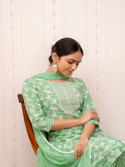 Green Embroidered Printed Cotton Straight Kurta Set with Dupatta