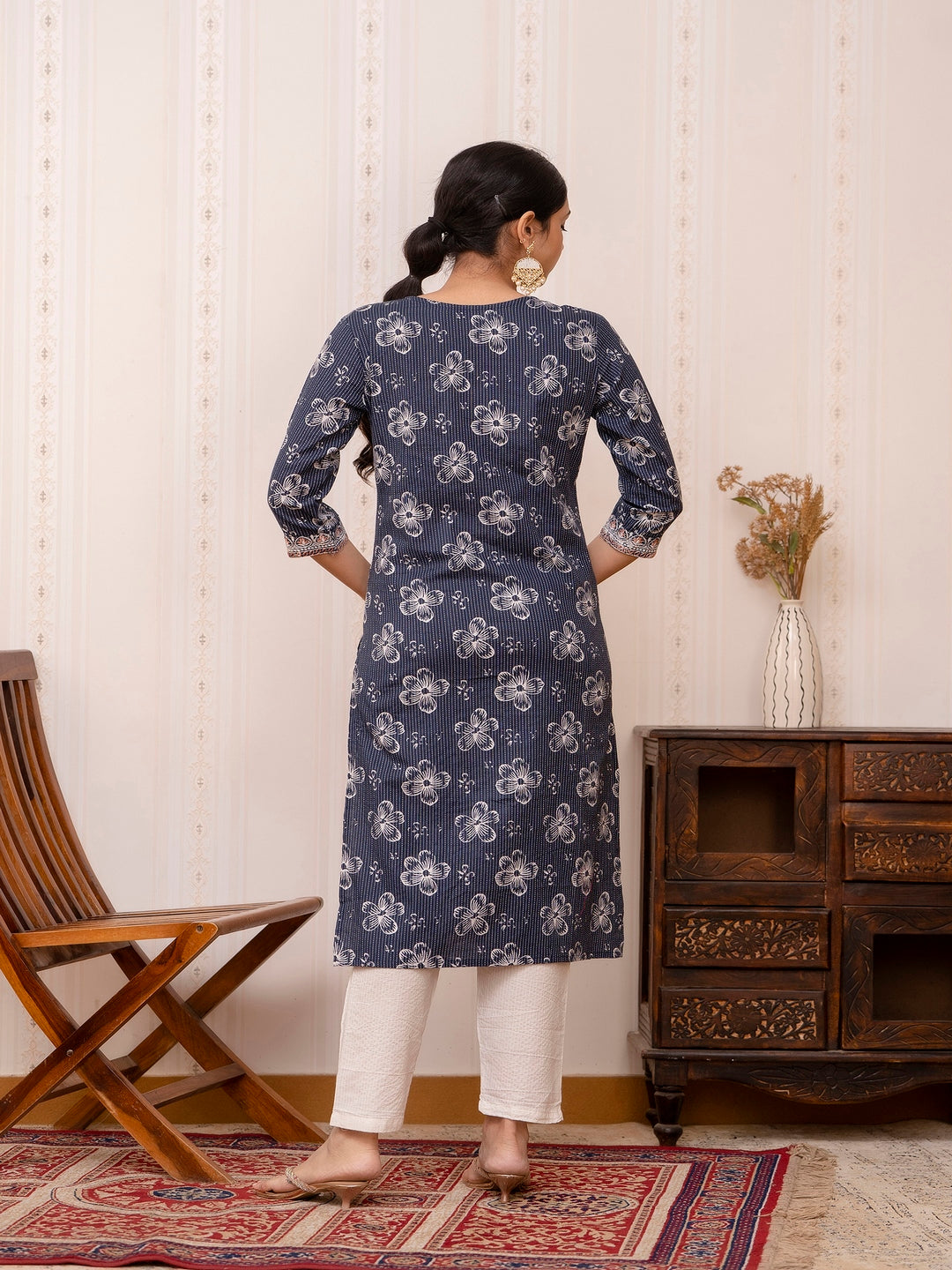 Blue Embroidered Printed Cotton Straight Kurta Set with Dupatta