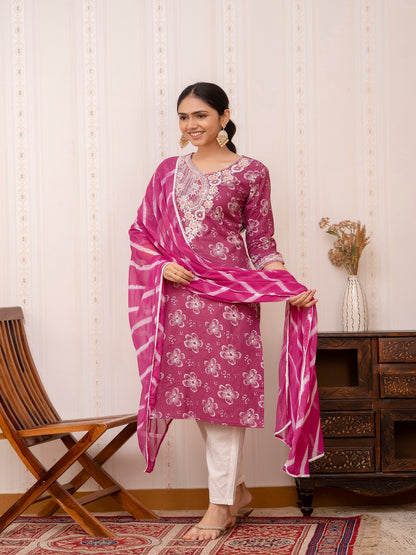 Pink Embroidered Printed Cotton Straight Kurta Set with Dupatta