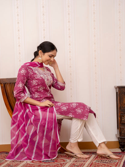 Pink Embroidered Printed Cotton Straight Kurta Set with Dupatta