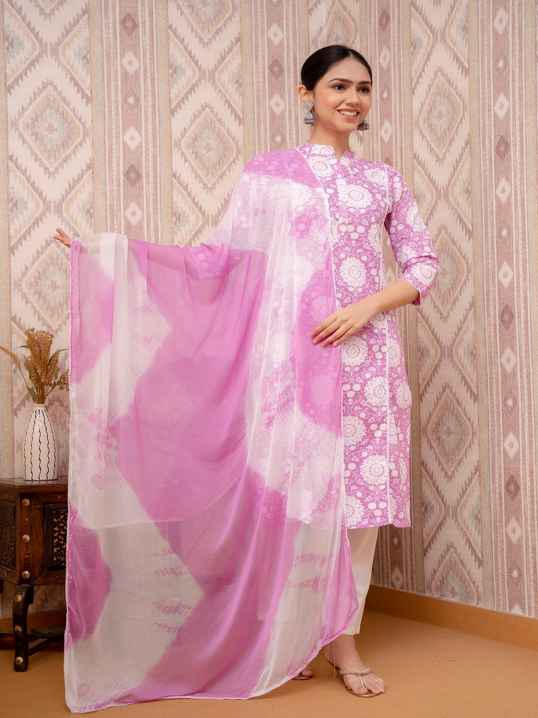 Pink Printed Cotton Straight Kurta Set with Dupatta