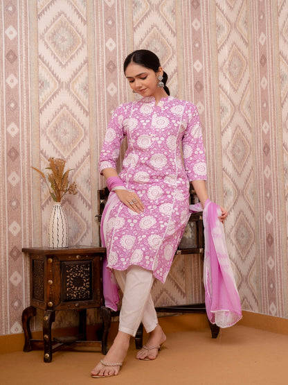Pink Printed Cotton Straight Kurta Set with Dupatta